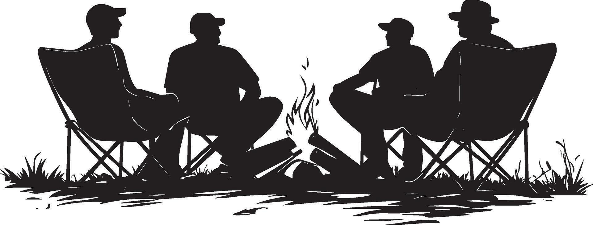 Firelight Fellowship Group of people enjoying the warmth of the fire, sitting in chairs, black art. vector