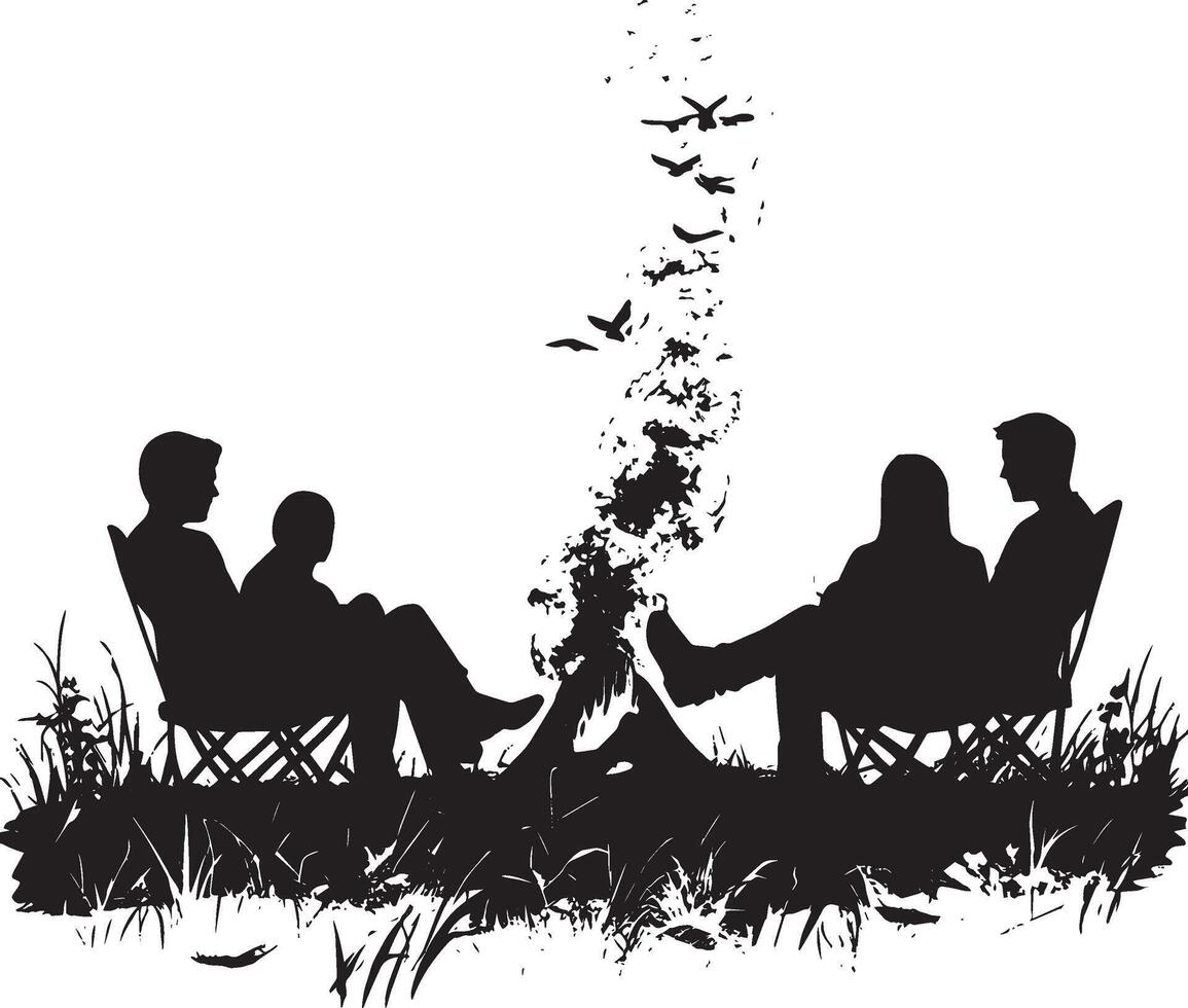 Social Campfire People gathered around the fire, sitting back and relaxing, full-body silhouette. vector