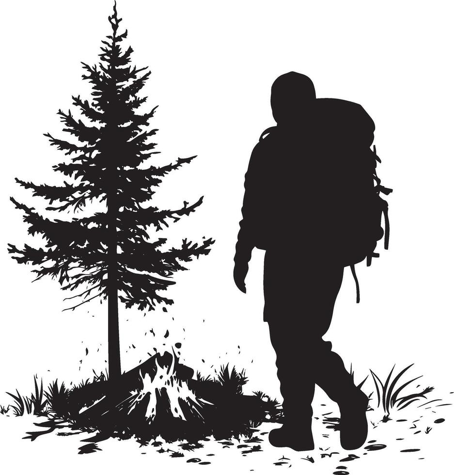 Heading Down the Trail Person walking away from the campsite, looking back at the fire, black silhouette. vector
