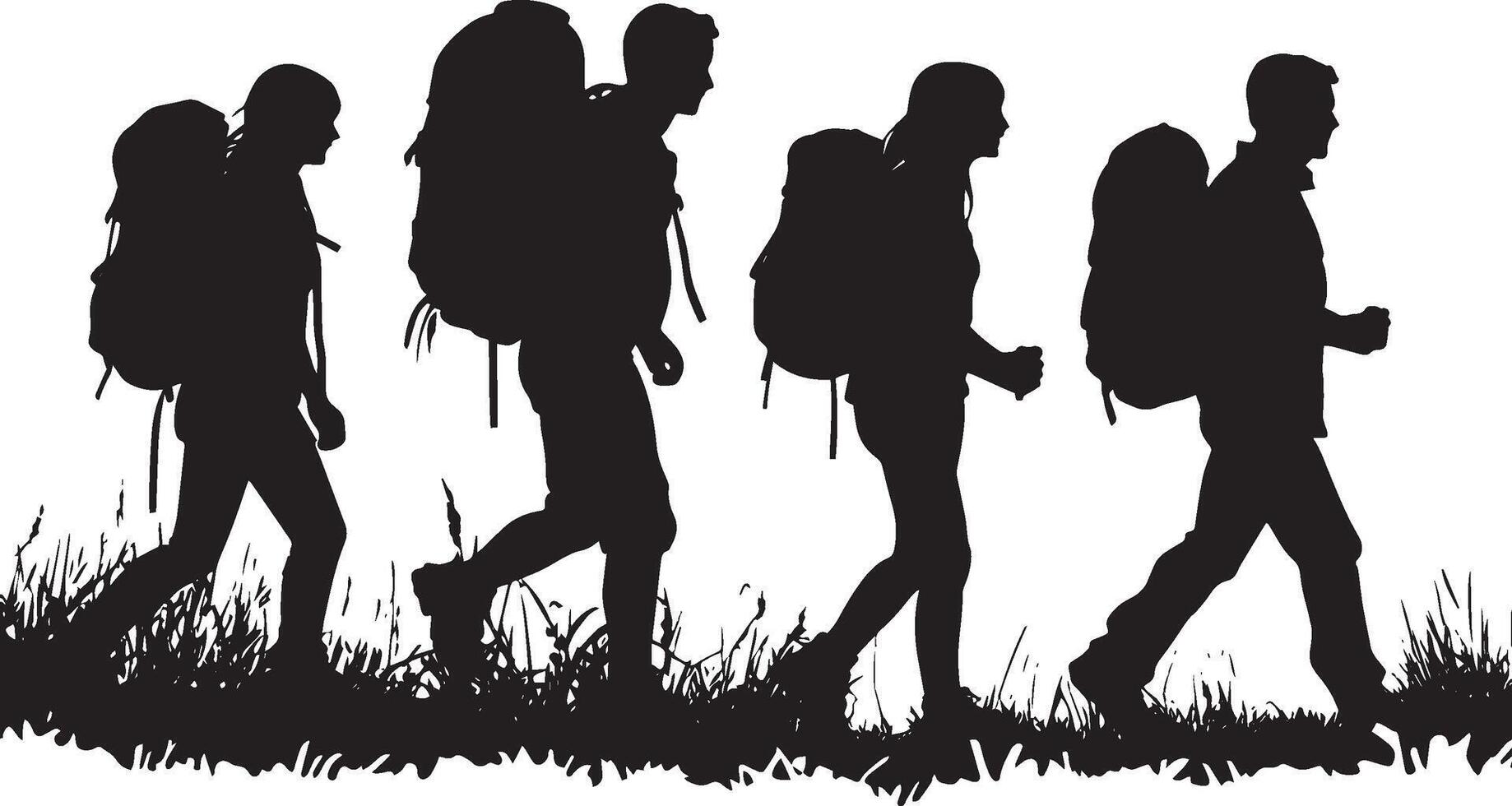 Group Hiking People walking together along a trail, backpacks on, enjoying the scenery vector