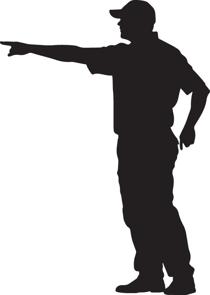 Judge standing by the baseline, arm outstretched, calling a shot in or out, full-length silhouette . vector
