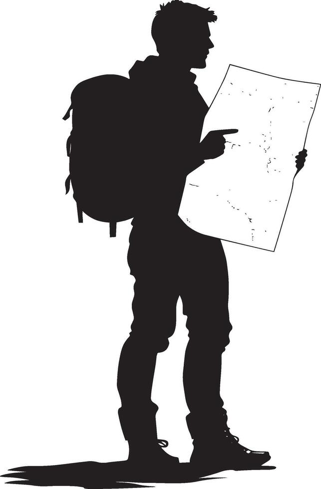 Route Analysis Person holding a map or compass, carefully studying the route, black silhouette. vector