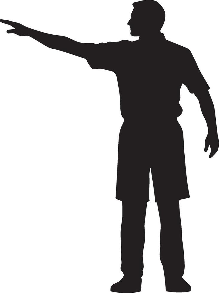 Official with arm raised vertically, indicating a goal kick, black silhouette. vector