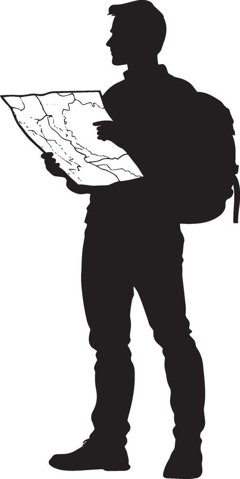 Map Reading Person standing still, holding a map or compass, analyzing the route, full-length silhouette . vector