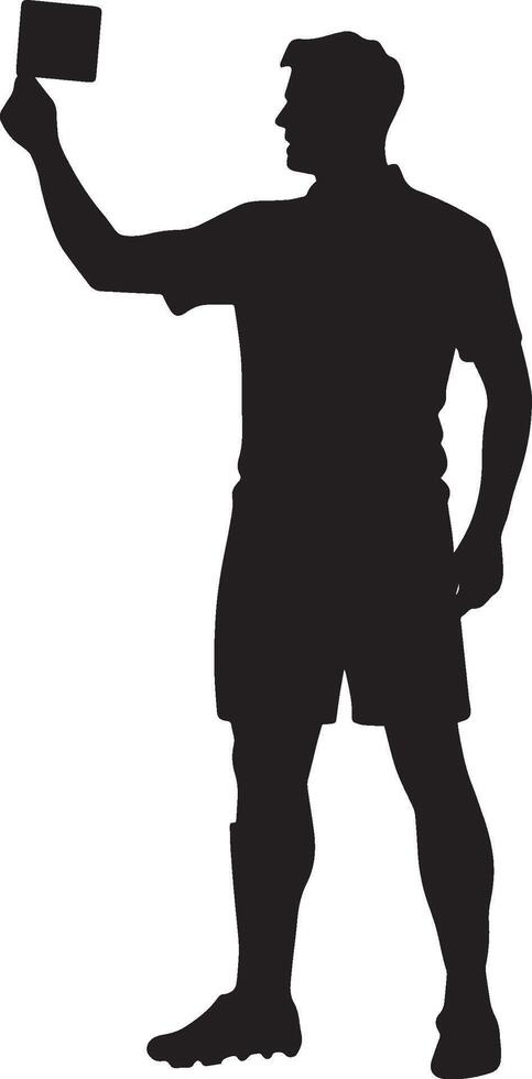 Referee holding a red card high in one hand, signaling a player's expulsion, full-length silhouette . vector