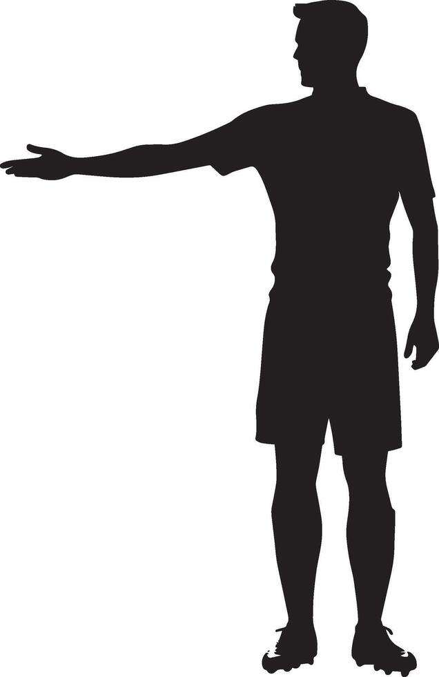 Official with arm extended horizontally, signaling the direction of the free kick, black silhouette. vector