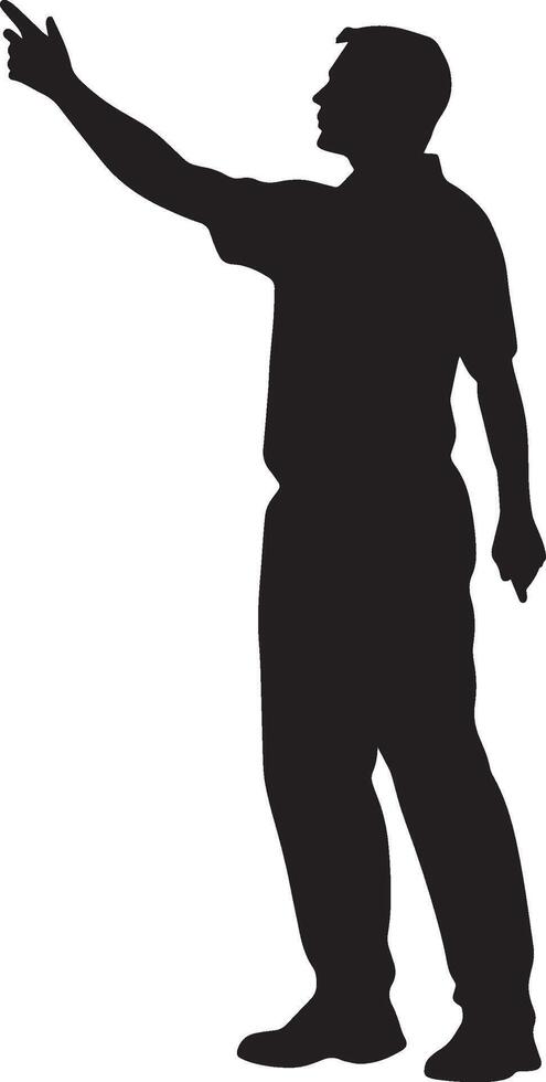Referee blowing a whistle with one arm raised high to indicate a stoppage in play, full-length silhouette . vector
