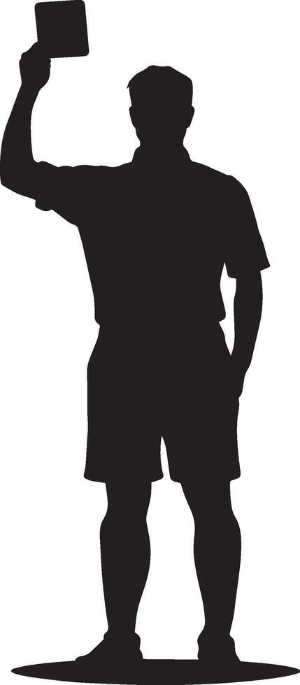 Official raising a red card to signify a player's removal from the game, black silhouette. vector
