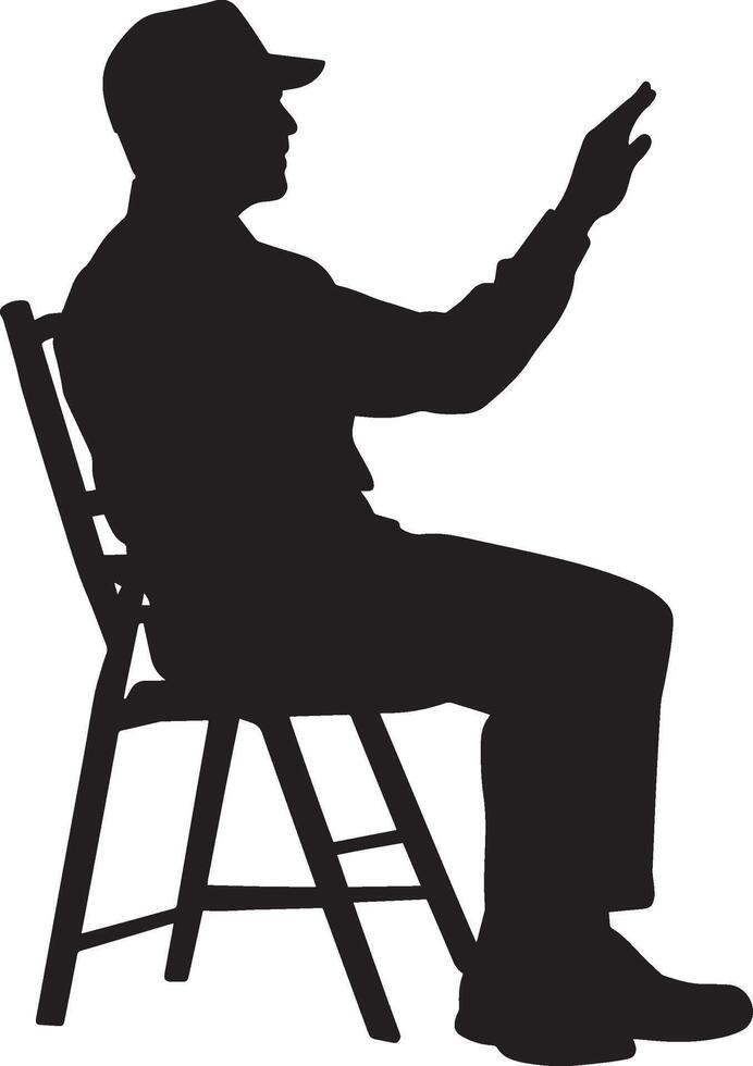 Umpire seated in the chair, one hand up to signal the start of the next game, black art. vector
