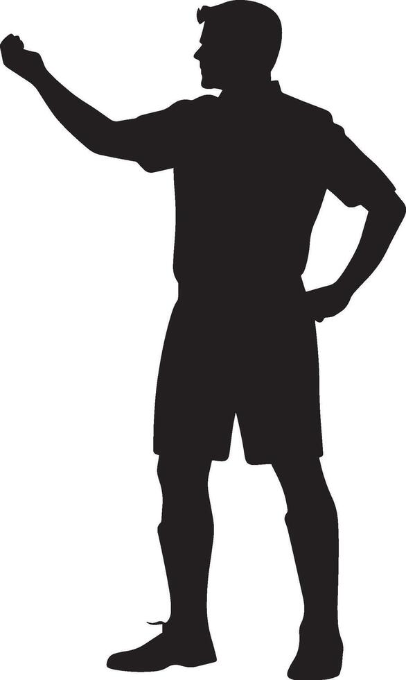 yellow card in one hand, the other hand on their hip, indicating a caution to a player, full-length silhouette . vector