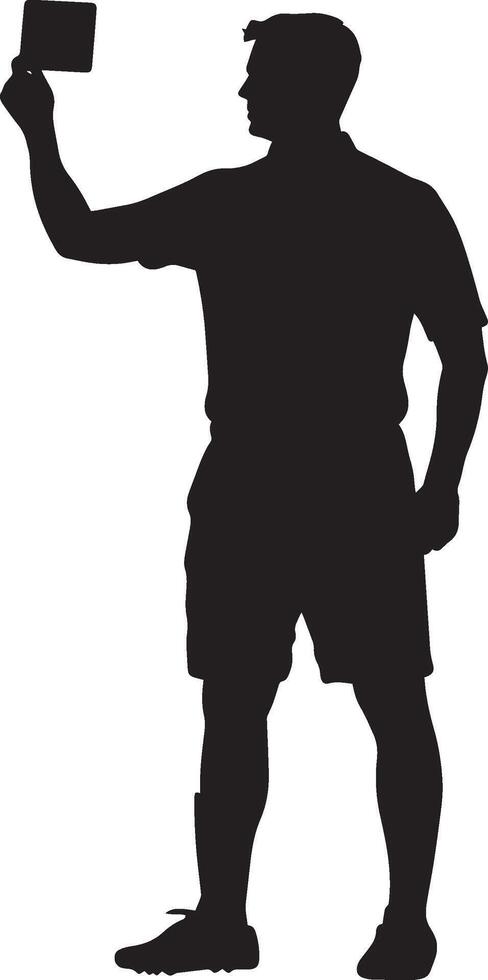 Referee with red card held high, indicating a player's expulsion, silhouette illustration. vector