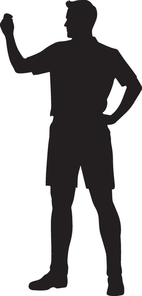Official holding up a yellow card while the other hand rests on their hip, signaling a warning, black silhouette. vector