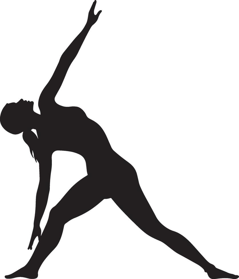 A person in triangle pose with a twisted torso, one hand reaching the floor, full-length silhouette illustration. vector