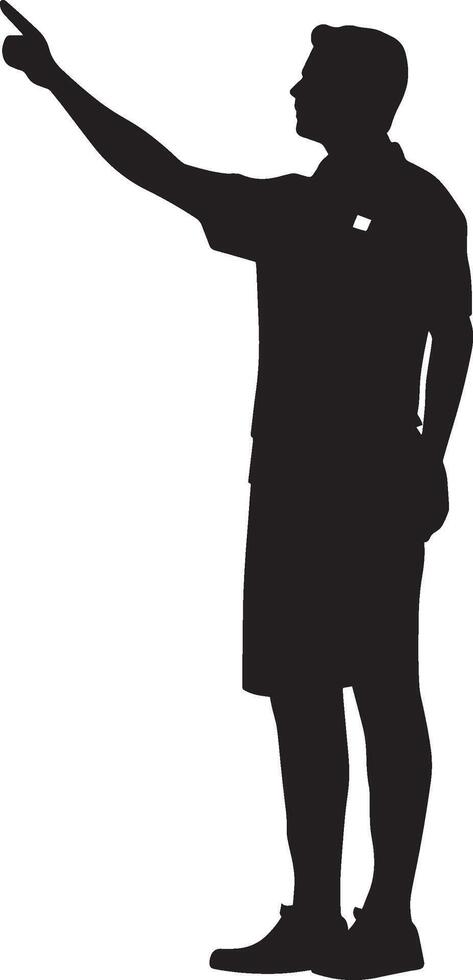 Official blowing a whistle, arm raised high, signaling a pause in the game, black silhouette. vector