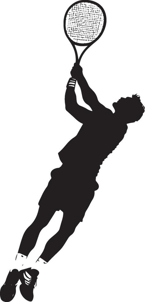 A player in mid-air, extending their body and racket to hit an overhead serve, full-length silhouette . vector