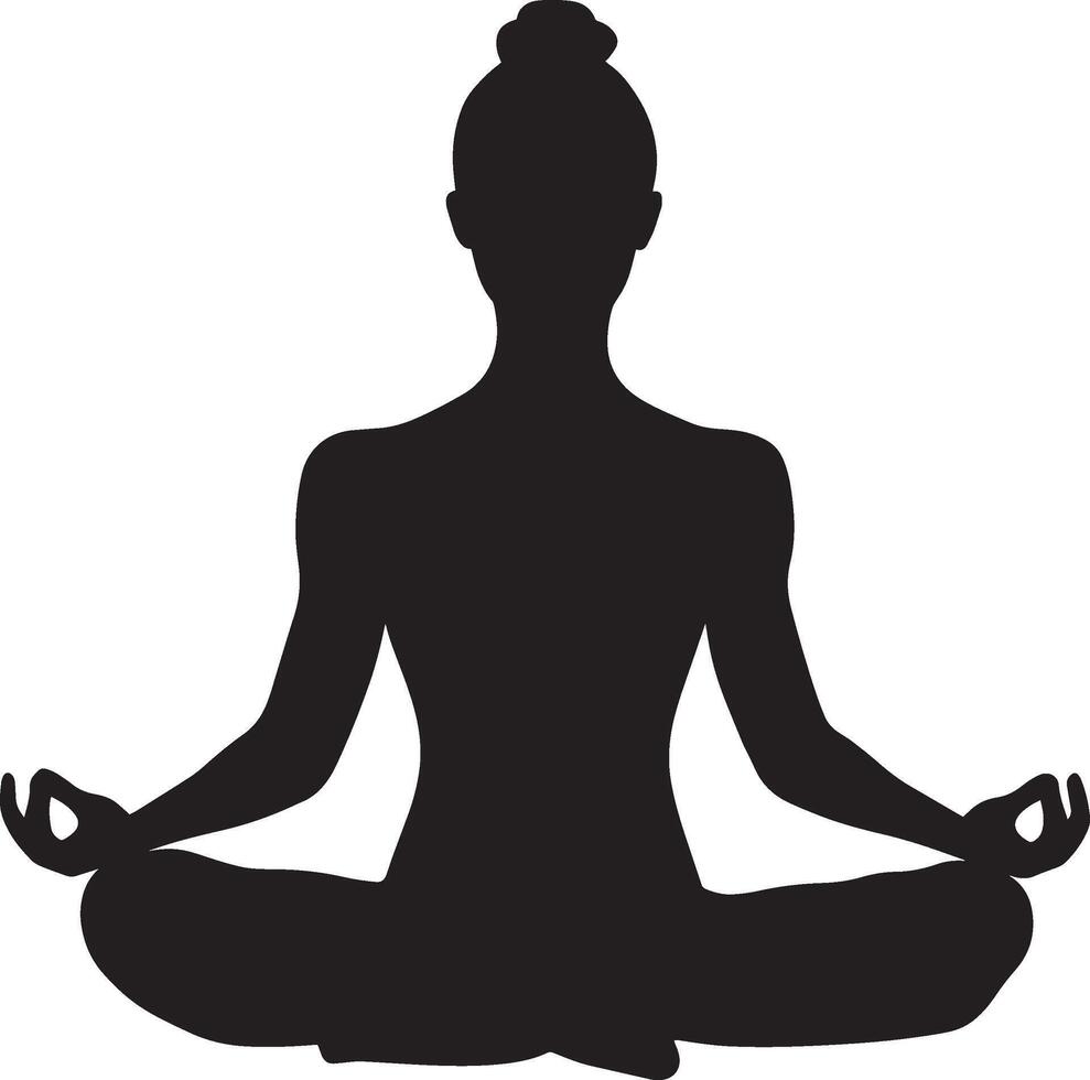 A person sitting cross-legged in Sukhasana, hands resting on knees, eyes closed, full-length silhouette . vector