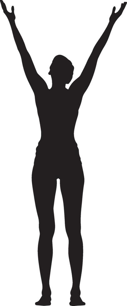 A person standing tall in Mountain Pose with arms extended upward, palms together, full-length silhouette illustration. vector