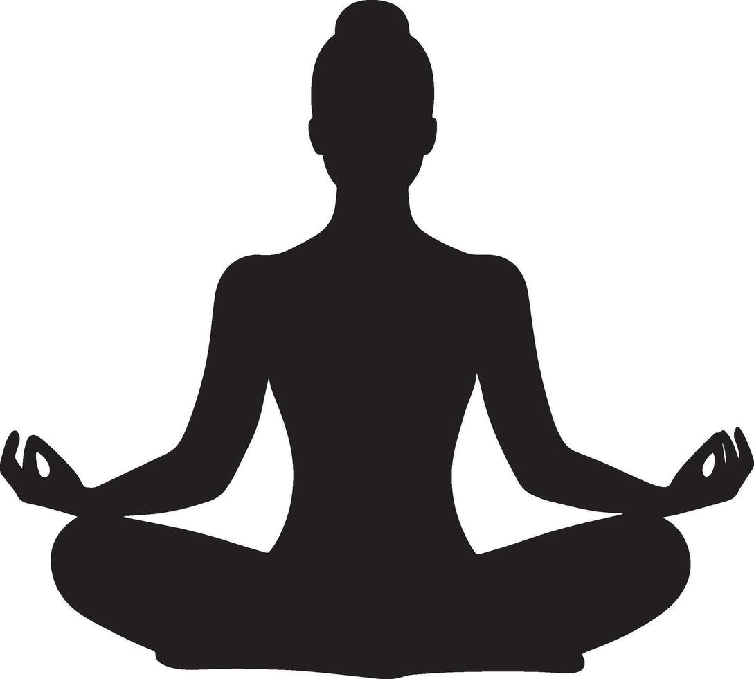 A person sitting cross-legged with hands on their knees, eyes closed, in a relaxed pose, full-length silhouette . vector