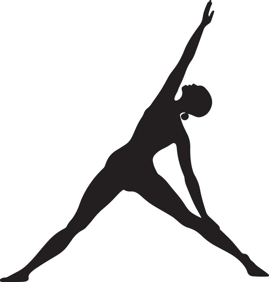 A person in Revolved Triangle Pose, torso twisted toward the extended arm, reaching down with the other hand, full-length silhouette . vector