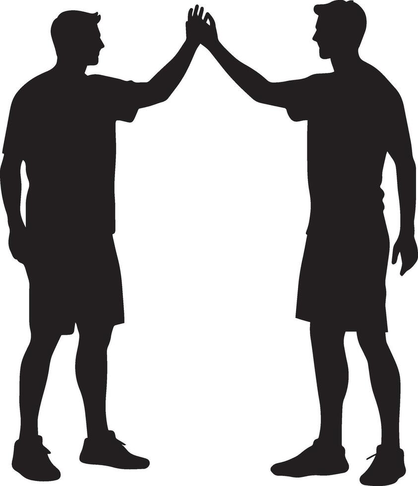 Two players exchanging a high five in celebration, full-length silhouette illustration. vector