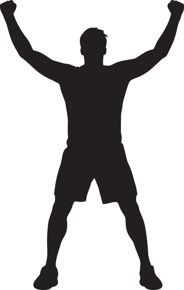 A player raising both arms in triumph after a match victory, full-length silhouette . vector