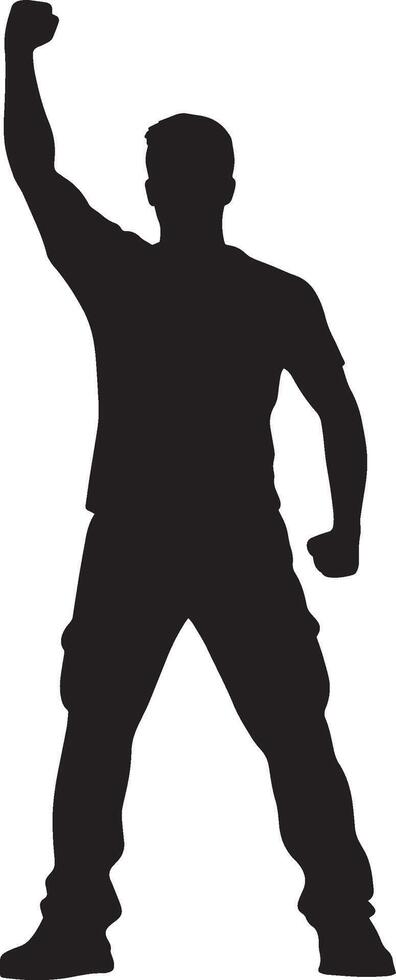 A player raising their fist in celebration after winning a point, full-length silhouette . vector