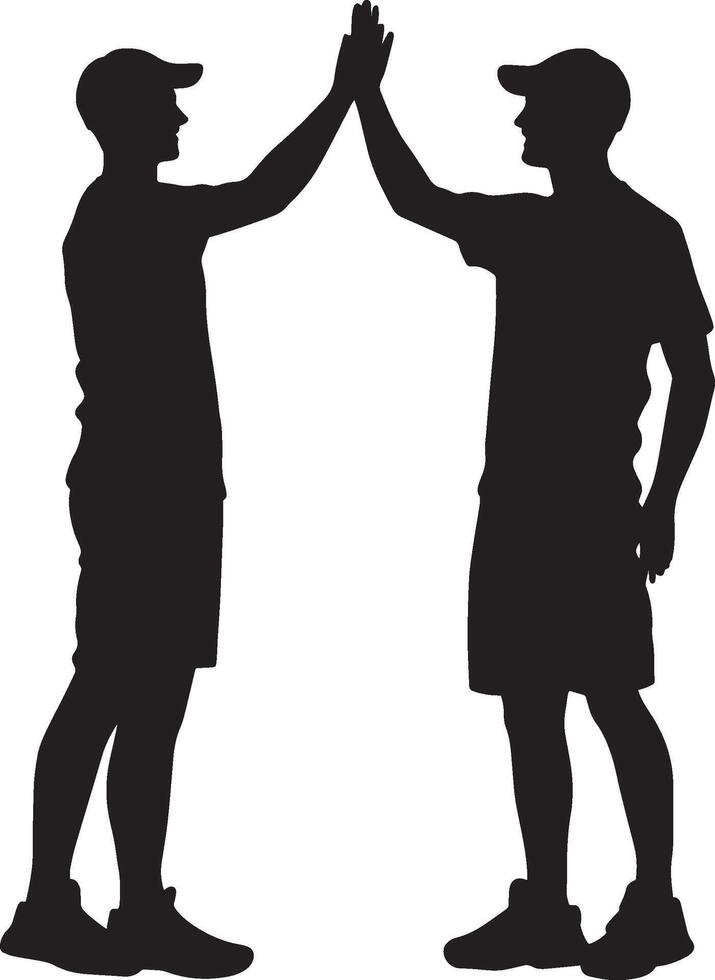 Two players giving a high five in camaraderie, full-length silhouette . vector