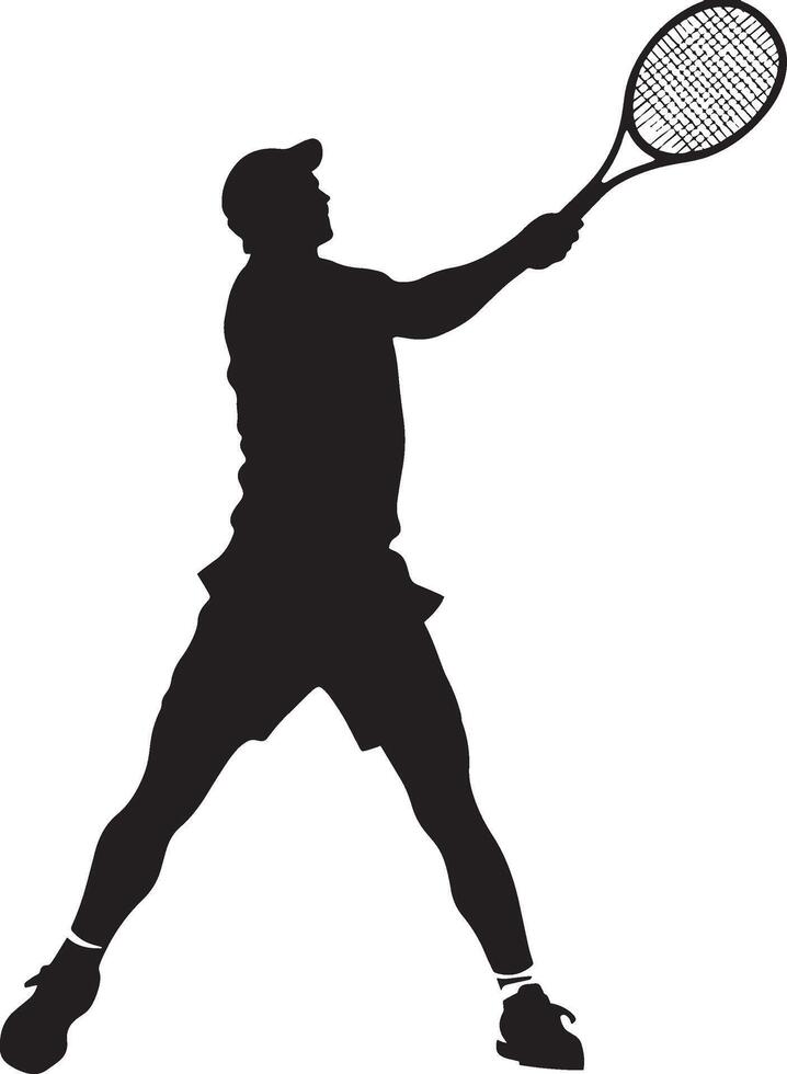 A player executing an underhand serve, racket low with a gently tossed ball, full-length silhouette . vector