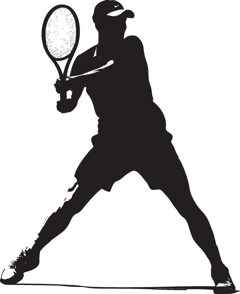 A player hitting a backhand volley, racket extended in a quick and controlled movement, full-length silhouette illustration. vector