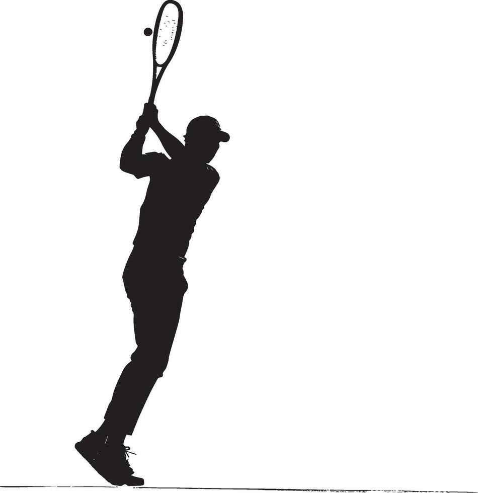 A player hitting an approach shot from the baseline, preparing to move to the net, full-length silhouette . vector