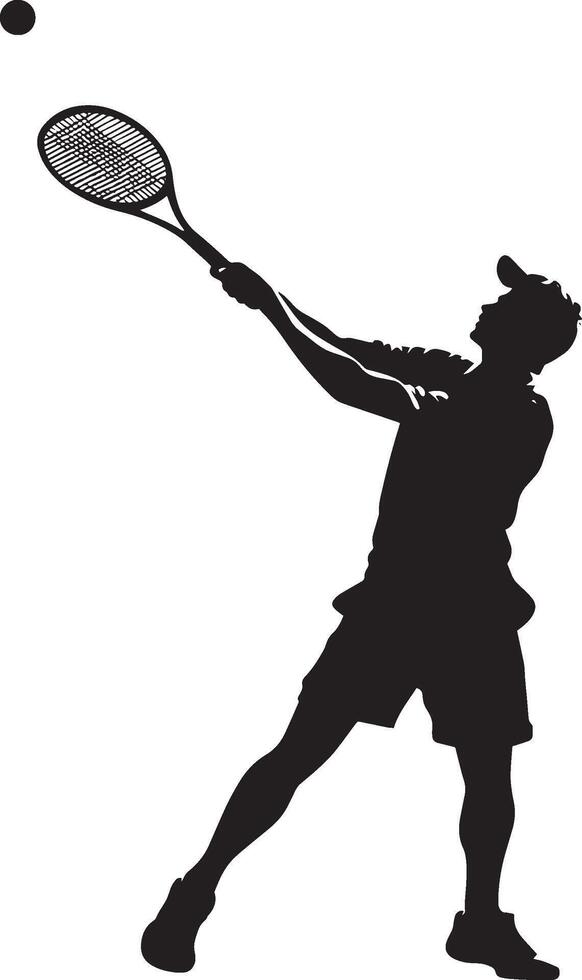 A player executing a slice serve, the ball curving toward the sideline, full-length silhouette illustration. vector