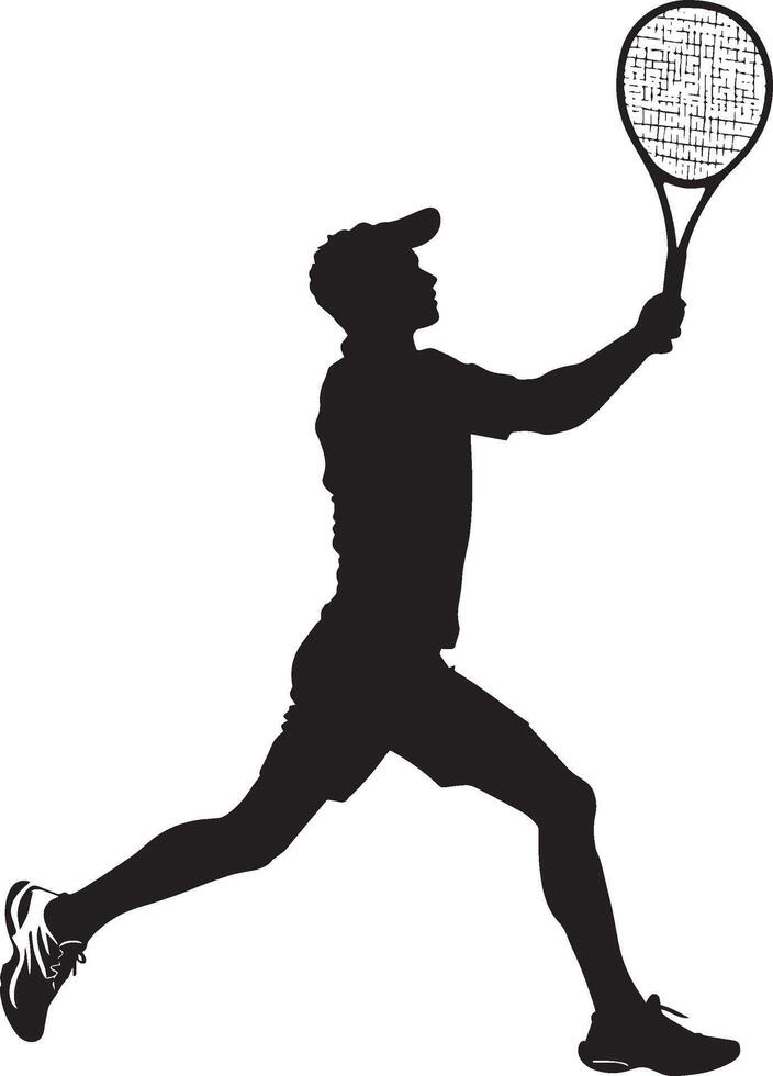 A player moving backward to reach a deep lob, preparing for a volley or overhead shot, full-length silhouette . vector