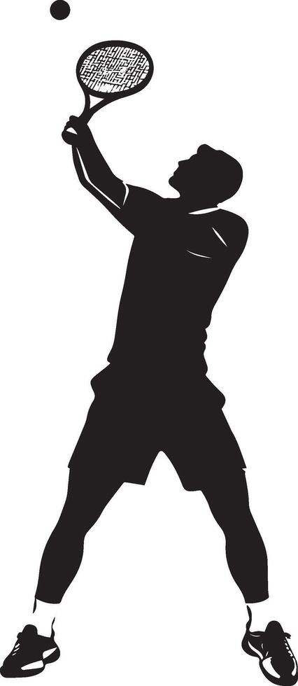 A player performing a service toss, body slightly bent and racket ready, full-length silhouette illustration. vector