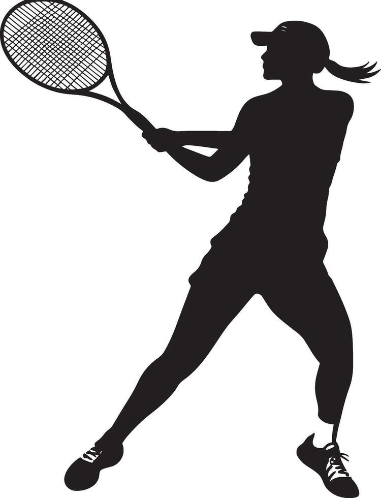 A player hitting a slice serve with a spinning motion, ball moving wide, full-length silhouette . vector