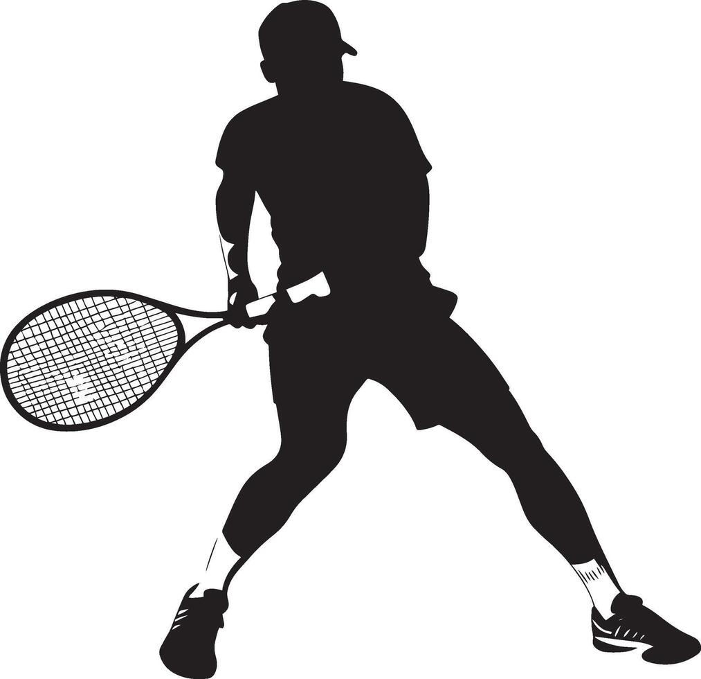A player executing a backhand volley with a controlled racket extension, full-length silhouette . vector