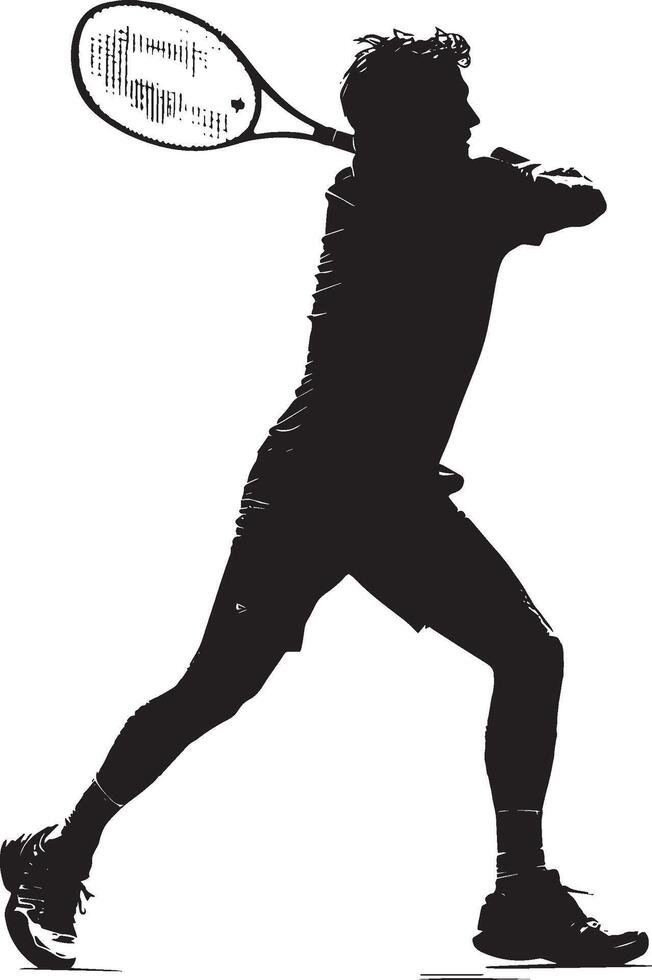 A player hitting an inside-out forehand, racket crossing the body for a deep shot, full-length silhouette . vector