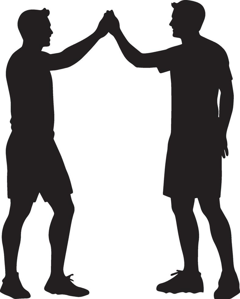 Two players sharing a high-five in celebration of a win, full-length silhouette illustration. vector