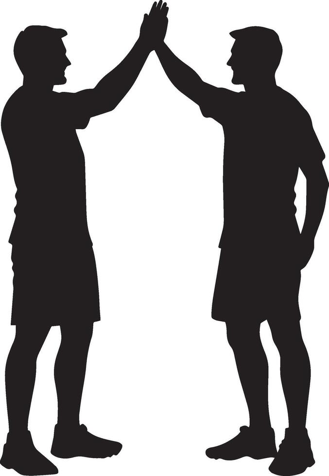 High Fiving Silhouette Players exchanging high fives after a successful play or goal, showing camaraderie. full length silhouette black illustration vector