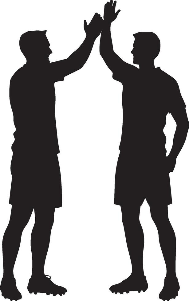 Players exchanging high-fives after a successful play, full-length silhouette . vector
