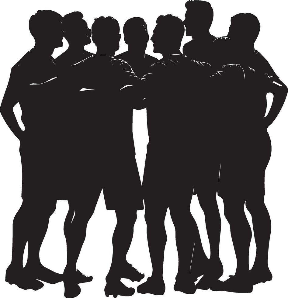 Team Huddle Silhouette A group of players gathered in a circle, discussing tactics, celebrating a goal, or motivating each other. full length silhouette black illustration vector