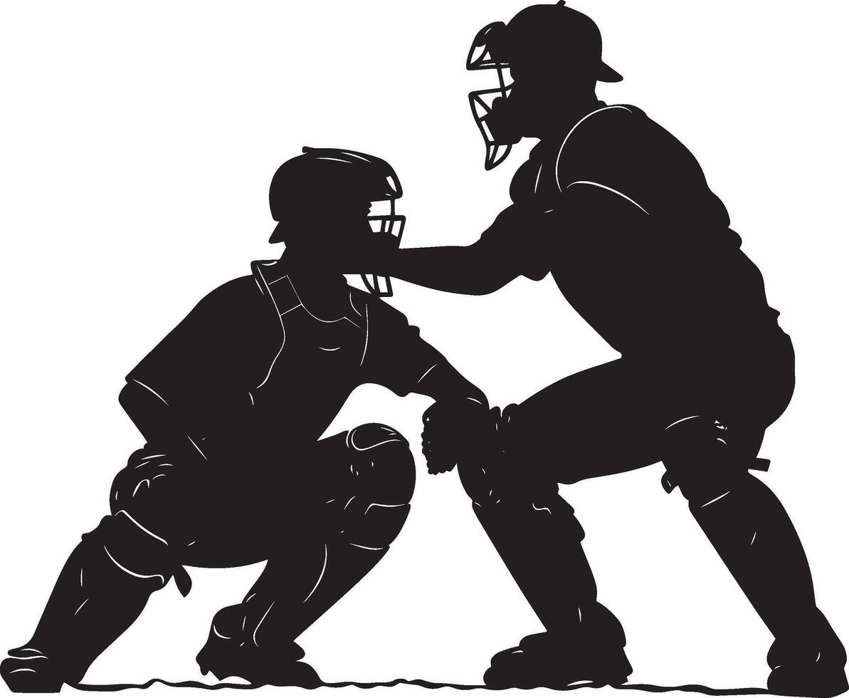 A catcher positioned in front of home plate, ready to tag out a runner, full-length silhouette . vector