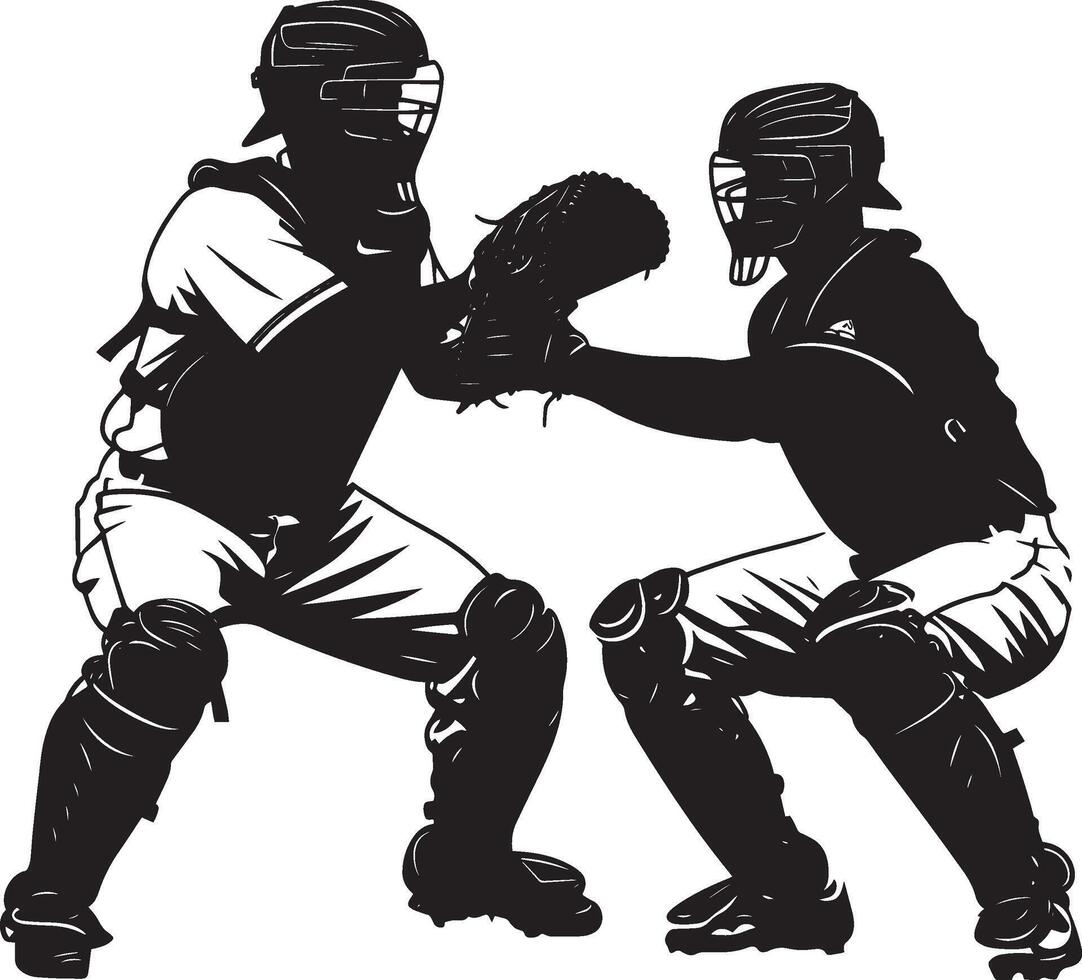 catcher standing in front of home plate, blocking the path and preparing to tag out a sliding runner, full-length silhouette . vector