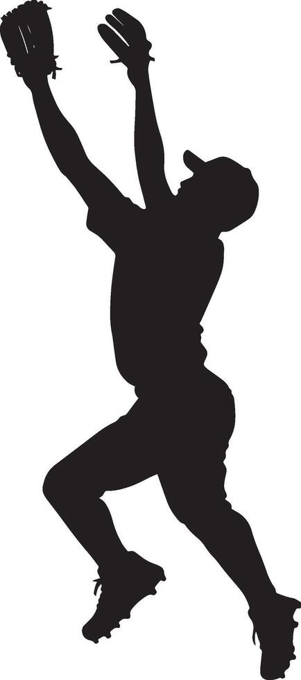 A fielder leaping to catch a pop fly, glove extended above their head, full-length silhouette black illustration vector