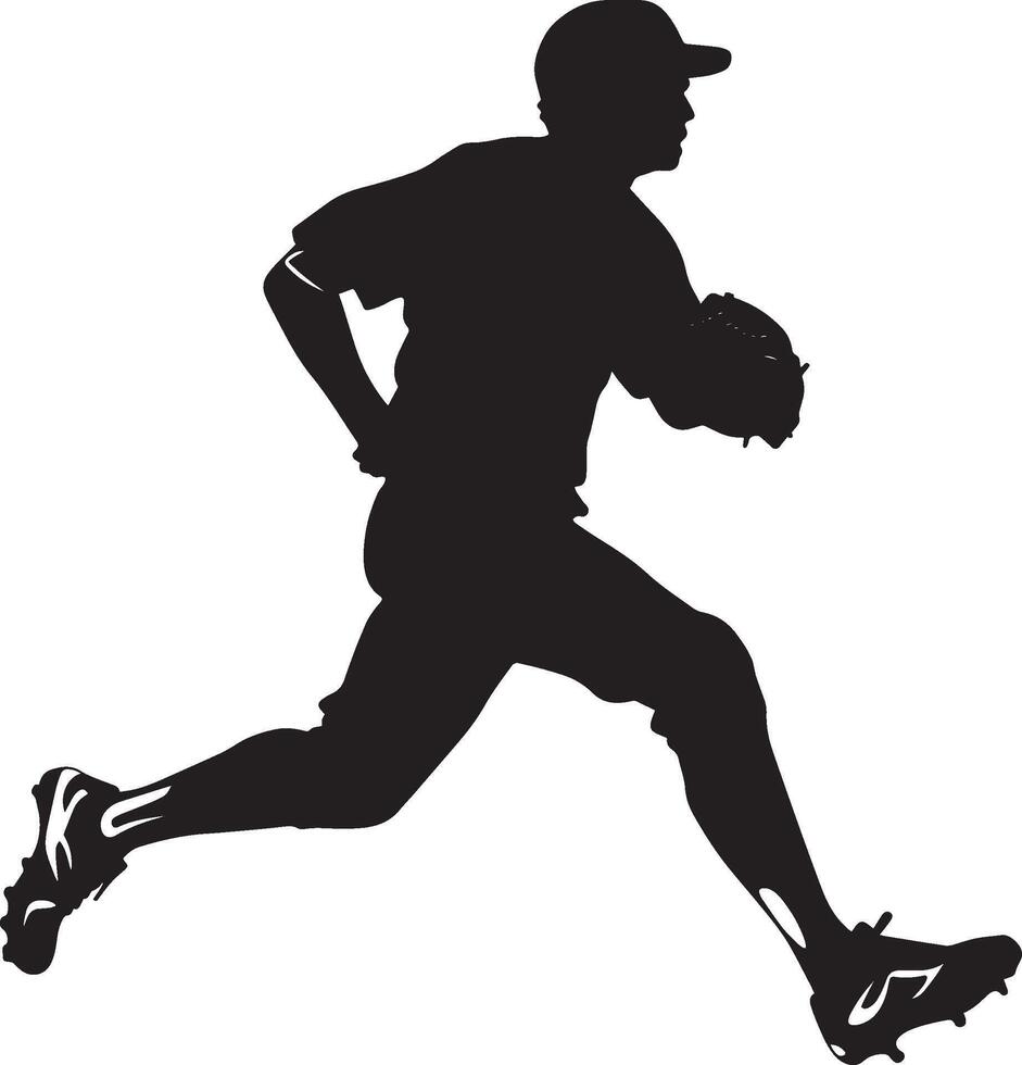 A player rounding third base, sprinting toward home, with arms extended in full stride, full-length silhouette illustration. vector