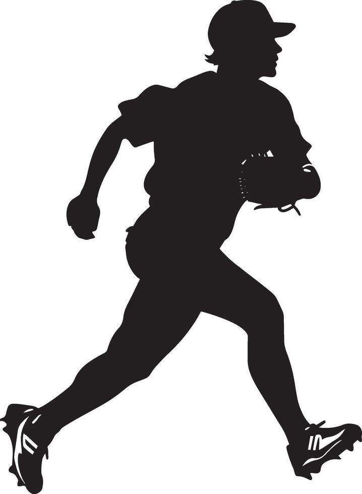 A player rounding third base and heading for home plate, arms pumping in full stride, full-length silhouette . vector