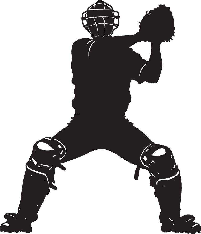 A catcher standing, throwing the ball to second base to catch a stealing runner, full-length silhouette . vector