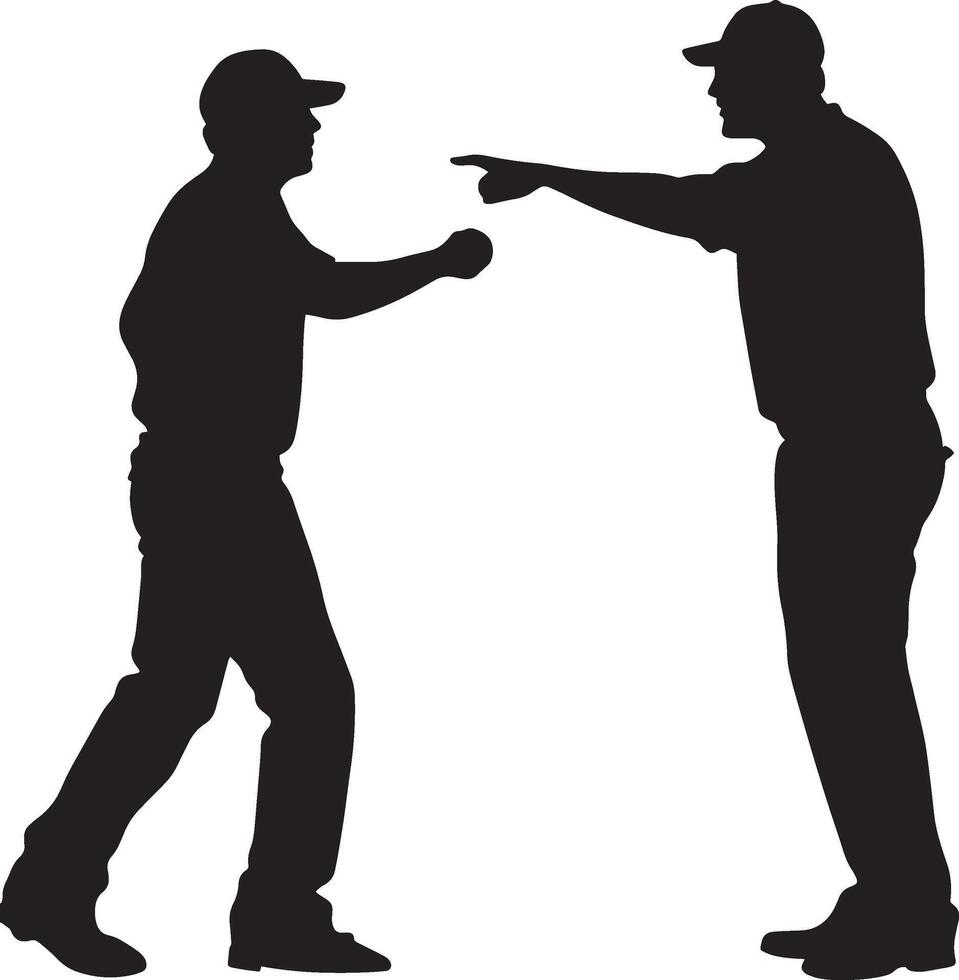 A pitcher in a powerful wind-up, striking out the batter with a missed swing, umpire signaling a strike, full-length silhouette black illustration vector