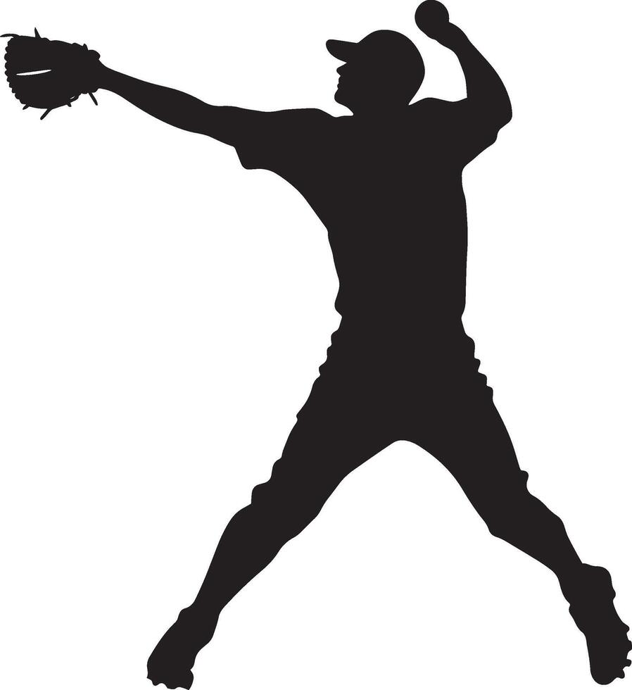 A fielder making a strong throw to first base, arm extended, with the glove hand pulling back. full length silhouette black illustration vector