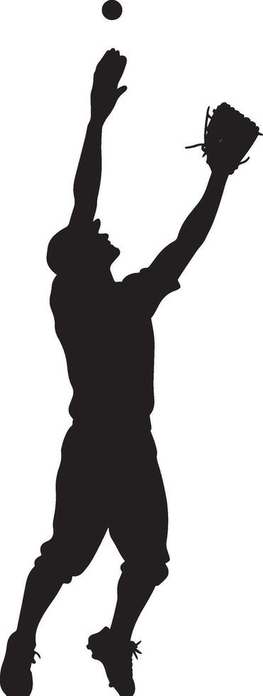 A fielder jumping or reaching upward to catch a pop fly in the air, with their glove extended above their head. full length silhouette black illustration vector