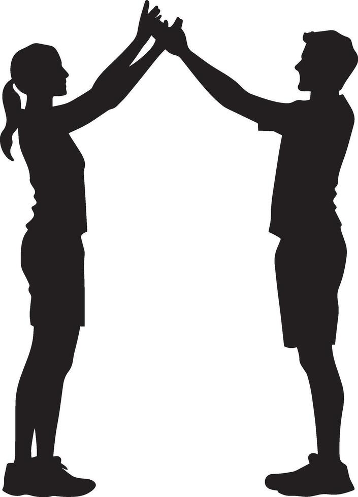 Players high-fiving after a great play, arms extended mid-celebration, full-length silhouette . vector